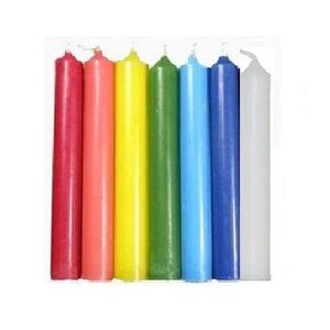 Chakra Chime Candle Set, set of multicolored candles in red, pink, yellow, green, blue, dark blue, and white arranged in a row.