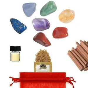 Complete Chakra Healer Kit, collection of colorful healing gemstones, essential oils, palo santo sticks, and sage for spiritual healing and energy balancing.