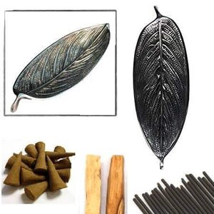 Leaf Incense Burner + Free Gifts – 10" Aluminum Dish, decorative leaf-shaped incense holder with intricate leaf designs, and free cones, sticks, and wooden holders for incense.
