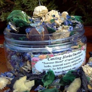 Summer Casting Herbs – Seasonal Ritual Blend with Aqua Aura Crystals, herbal incense mix with dried flowers and crystals in a clear glass jar.
