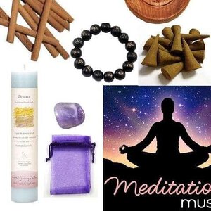 Meditation Deluxe Kit, including incense sticks, a black beaded bracelet, incense cones, a purple crystal, a meditation candle, a purple drawstring pouch, and an illustration of a person meditating under a starry sky.