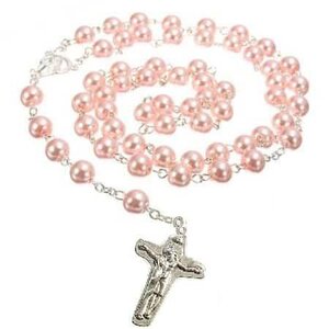 Medjugorje Pink Pearl Rosary – Blessed Pilgrimage Rosary, pink pearl beads with a silver crucifix and chain.