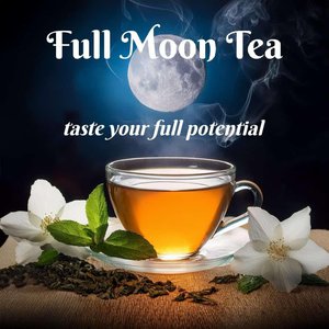 Full Moon Tea – Jasmine & Peppermint Manifestation Blend, steaming cup of herbal tea with jasmine flowers and mint leaves, under a glowing full moon.