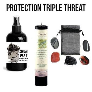 Protection Triple Threat, image of spray bottle, protection spray, carrying pouch, and various protective accessories.