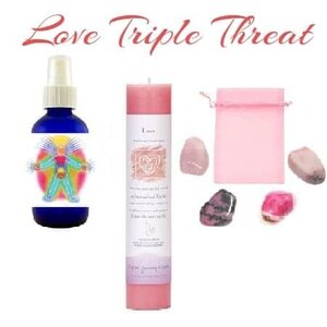 Love Triple Threat – Candle, Aura Spray & Crystal Pouch, set including a colorful aura spray, pink candle, pink crystal pouch, and decorative crystals.