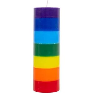 Chakra Layer Candle, a multicolored pillar candle with six distinct layers in purple, blue, light blue, green, yellow, orange, and red, representing the seven chakras for spiritual healing.