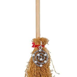 Sweep Away Confusion Witch's Broom, rustic straw broom with wooden handle and decorative metallic charm.