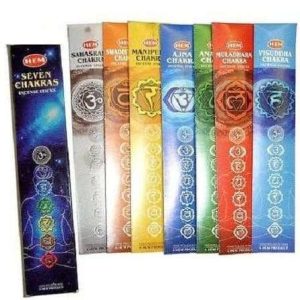 Chakra Incense Collection, colorful boxes arranged in a row representing different chakra scents including seven chakras, sahasrara, sahasra chakra, manipura chakra, ajna chakra, anahata chakra, muladhara chakra, and visuddha chakra