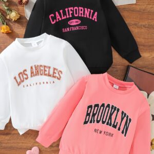 3 stuks, CALIFORNIA & LOS ANGELES & BROOKLYN Print Meisjes Comfortabele Ronde Hals