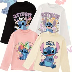 Disney Park Lange Mouwen Kleding 4st, Schattige Cartoon Stitch Print Patroon T-shirt
