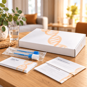 Ein DNA-Testkit mit weißer Box, Tupfern in Plastikverpackung sowie Anleitungs- und Einverständnisformularen auf einem Holztisch in einem Wohnzimmer.