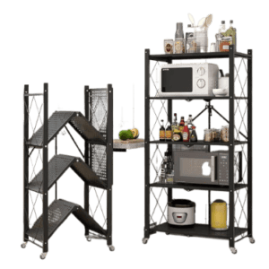 5-Tier Foldable Metallic Kitchen Storage Rack – Multi-Purpose Shelf Unit with Caster Wheels