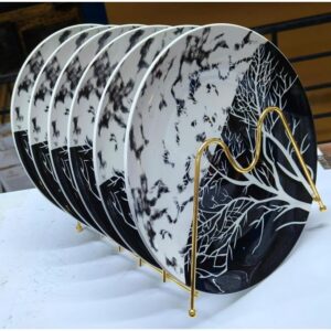6-Piece Ceramic Dinner Plate Set – Minimalist Black Tree Design, Classic Black & White