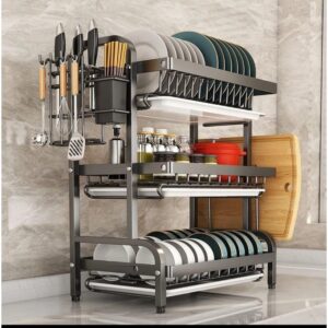3-Tier High Quality Carbon Steel Dish Rack – Large Capacity Kitchen Organizer with Drainage System