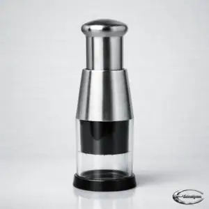 ECHELYON stainless steel 5‑blade manual hand chopper on pale grey linen background – premium brushed metal kitchen tool with transparent chamber.