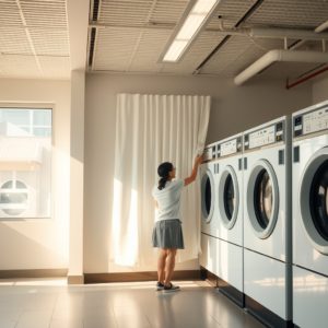 コインランドリー バナナの大型洗濯機でカーテンを洗う様子