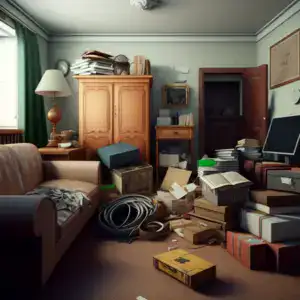 Zugemüllter Haushalt mit Couch, Teppich, Sperrmüll