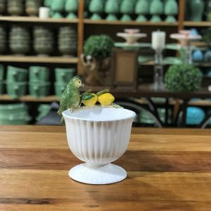 CACHEPOT CERÂMICA BRANCA COM PÁSSARO E LIMÕES
