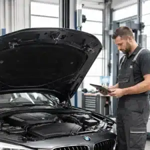 A mechanic uses a tablet beside an open BMW engine bay to assess common BMW problems and determine whether the vehicle needs further repair.