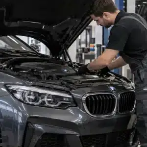 A technician works closely on a BMW engine in a repair shop while checking components that can affect bmw maintenance cost