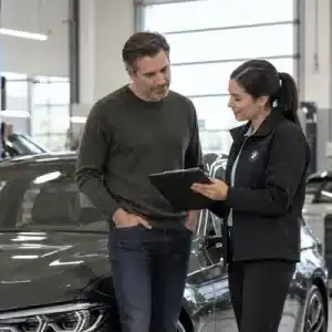 A BMW service advisor reviews maintenance information with a car owner beside his vehicle while discussing factors related to bmw maintenance cost