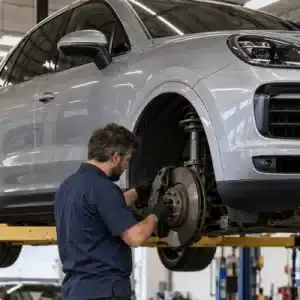 A mechanic inspects the exposed brake assembly of a silver Porsche SUV raised on a hydraulic lift inside an automotive workshop where co-managed IT services can support business operations