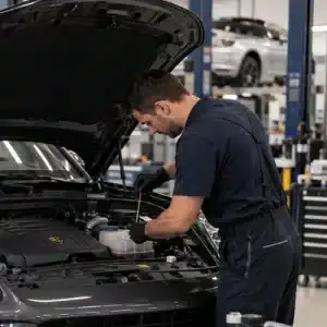 A mechanic checks fluid levels in a Porsche's engine compartment during routine maintenance at a professional repair facility that may use co-managed IT services to support its digital systems