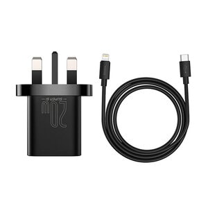 Baseus 20W Super Si 1C fast wall charger USB Type C UK + USB Type C – Lightning 1m cable -TZCCSUP-K01