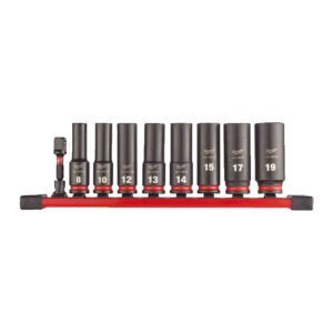 Σετ 9 Μακριά Κρουστικά Καρυδάκια Milwaukee SHOCKWAVE™ 3/8″ Deep Impact με λευκές ενδείξεις και ανθεκτική κατασκευή.