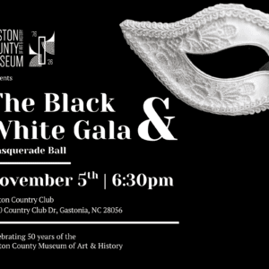 Poster advertising The Black White Gala & Masquerade Ball, featuring a white masquerade mask on a black background with event date and location details.