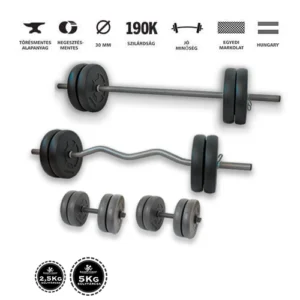 Gazo Fitness hardcore súlyzós csomag 66 kg kétkezes rúddal, francia rúddal és 1 pár kézi súlyzóval, 2,5 és 5 kg-os súlytárcsákkal