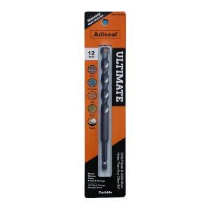 Adiseal Ultimate 12mm masonry and multi-material drill bit with 1/4 inch quick-change hex shank for rotary drilling.