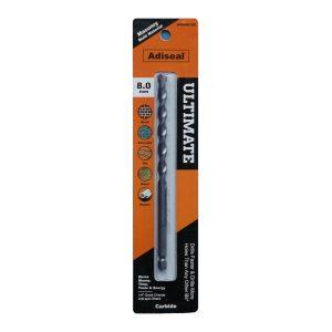 Adiseal Ultimate 8mm masonry and multi-material drill bit with 1/4 inch quick-change hex shank for rotary drilling.
