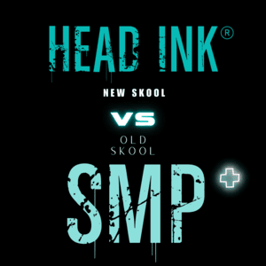 The image shows bold text in a distressed, graffiti-style font with a glowing, modern effect. The text is structured as follows: - At the top, it says "**HEAD INK®**" in large turquoise letters, with a slight dripping effect, giving it an edgy look. - Below it, the phrase "**NEW SKOOL VS OLD SKOOL**" appears, with "NEW SKOOL" in white and "VS" in a glowing turquoise font, while "OLD SKOOL" is in white. - The bottom of the image features the acronym "**SMP**" (which stands for Scalp Micropigmentation), also in large turquoise letters with a similar distressed, dripping effect. A glowing "+" sign is placed to the right of "SMP." The image has a black background, which makes the turquoise and white text pop vibrantly, emphasizing a modern, cutting-edge feel versus a more traditional approach. This image likely represents a comparison between newer and older techniques in Scalp Micropigmentation (SMP).