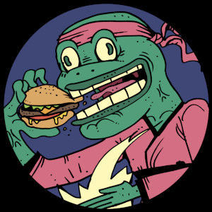 Karate Frog eating a burger.