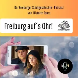 Zwei kostümierte Historix-Tours Schauspieler steigen virtuell aus einem Smartphone-Display – Coverbild für die Historix-Tours Audiogeschichten in Freiburg.