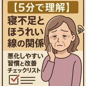 「寝不足とほうれい線の関係を5分で理解できる解説画像。疲れた表情の女性イラスト付きで、悪化しやすい生活習慣と改善チェックリストを紹介。睡眠不足が肌老化や口元のシワを深める原因になりやすい点をわかりやすくまとめたビジュアル。」