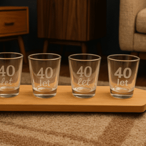 Personalizirani leseni pladenj s štirimi graviranimi shot kozarčki