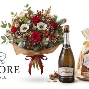 Cesto Regalo Natalizio "Magia di Natale" con Bouquet, Spumante e Pandoro – Il Fiore by Vale