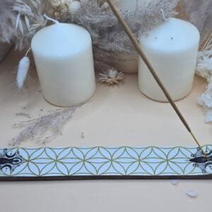 Porte-encens laminé avec motifs Fleur de Vie et Déesse, idéal pour bâtons d'encens.