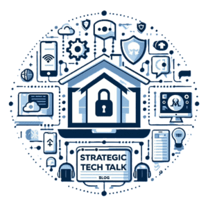 Logo for Strategic Tech Talk blog featuring a central lock symbol in a house, surrounded by tech-related icons like devices, gears, and clouds.