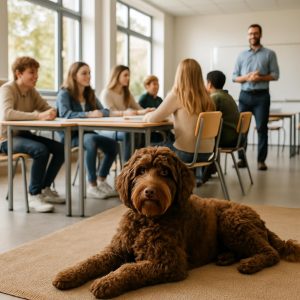 Brauner Schulhund im Klassenraum mit Schülerinnen und Schülern und Lehrer.
