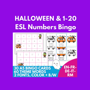 Halloween Numbers Bingo 1-20 — Multilingual (EN, FR, DE, IT, RM) Print-and-Play