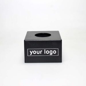 Blank black square microphone flag cube with “your logo” placeholder, customizable mic cube for handheld interview microphones.