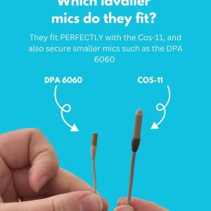 Miniature lavalier microphone fitted with black windshield showing proper installation