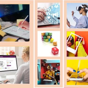 Collage visual sobre herramientas digitales para crear contenidos: grabación, diseño, realidad virtual y comunicación profesional.