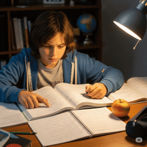 Focused child studying at a desk with open textbooks and notebooks under a lamp.