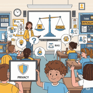 ChatGPT said: An illustration of a classroom where a teacher discusses AI ethics, with a whiteboard showing a scale labeled 'AI' vs 'Ethics' and a student holding a tablet with a 'Privacy' shield.