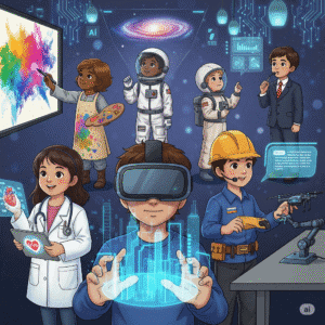 A whimsical illustration of children in future professions—doctor, engineer, artist—using AI and VR, with one child interacting with a holographic city.