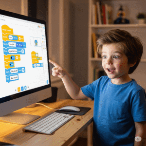 young boy with a surprised and happy expression is pointing at a computer screen that displays a block-based coding program.